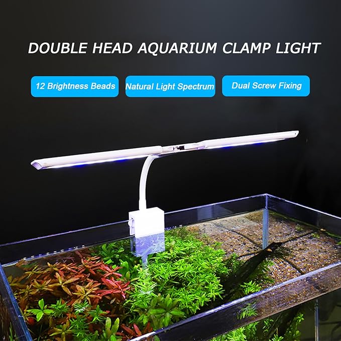 LED Aquarium Light Full Spectrum Clip Fish Tank Light Plants Light 360° Adjustable 2 Light Bar Super-Bright 6W Suitable for 5-25 Gal Fish Tank