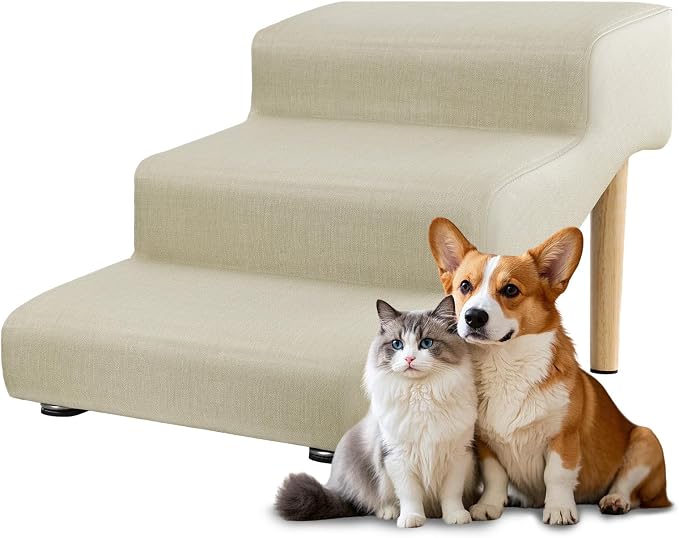 3-Step 15.7" H Dog Stairs for Bed Couch, Waterproof & Scratch PU Leather Pet Steps for Small Dogs and Cats, Dog Ramp with 220 lbs Maximum, Oak Leg & Solid Wood, Non-Slip Feet,Cream