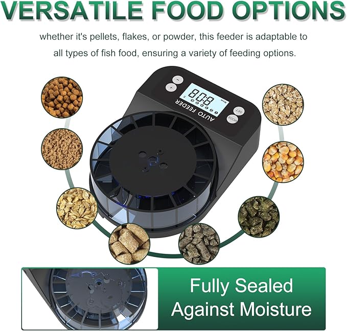 60ml Automatic Fish Feeder, USB Rechargeable Auto Fish Food Dispenser with Timer, LCD Display, Auto Vacation Timer