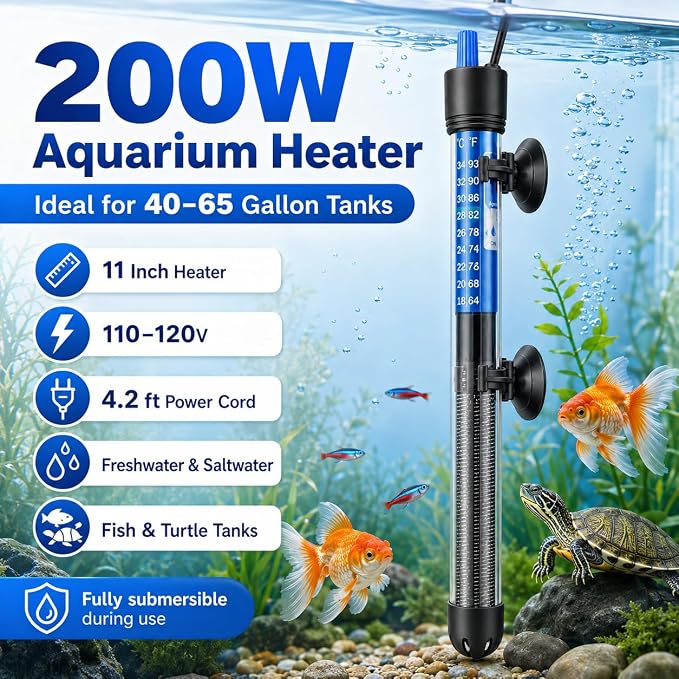 Mylivell Fish Tank Aquarium Heater - Adjustable Submersible 200W Aquarium Heater with Thermostat for 40-65 Gallon Betta, Turtle, Saltwater and Freshwater Tanks