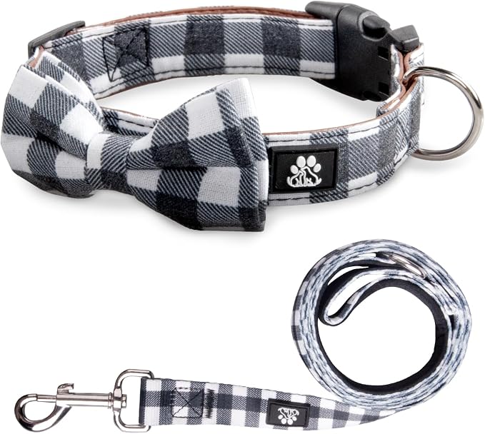 IVY&LANE Dog Collar with Bowtie and Leash Set | Plaid Adjustable Dog Collar | Detachable Bow Tie |5 FT Dog Leash | for Small Medium Large Dogs | Checkered Black | Large