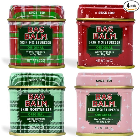 Bag Balm Mini Tin Gift Set – Bundle of 4 Limited Edition Tins (Red Star, Pink Star, Green Plaid, Red Plaid) – Multi-Use Moisturizing Balm for Dry Skin, Lips, Hands and Winter Hydration