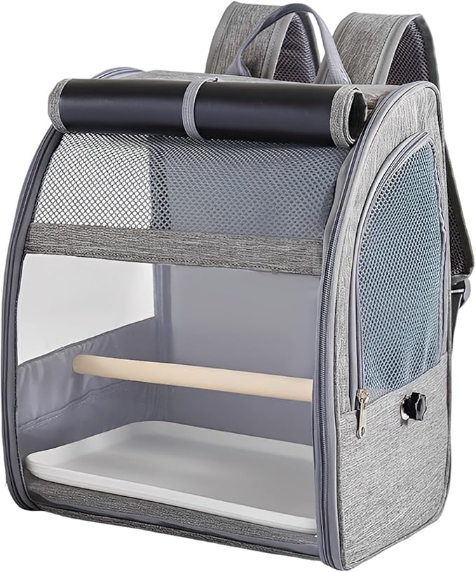 Large Parrot Backpack for Cockatiel, Pigeons, Breathable Bird Backpack Carrier, Gray Pet Travel Cage with Mesh Window, Portable Bird Cage with Removable Perch & Tray, 12.2 X 9.6 X 15 in