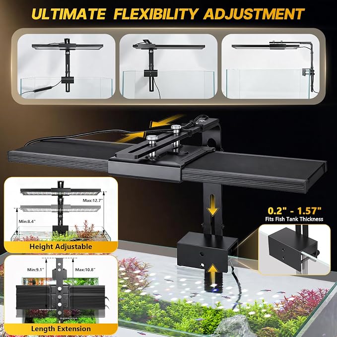 fishkeeper Clip on Aquarium Light for Plants, 6 Row LED Brightness, 24W | 18-24in Full Spectrum Fish Tank Light with 24/7 Natural Mode, DIY Mode, Adjustable Height/Front-to-Back Aquarium Light Riser