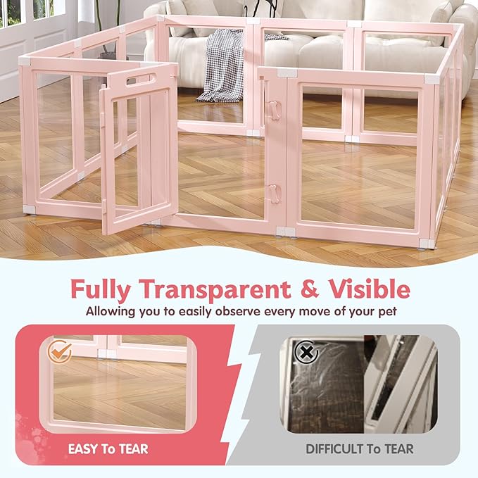 DIY Clear Acrylic Dog Playpen Indoor, Transparent Easy Cleansing Puppy Fence with Suction Cup, Easy-Assemble Indoor Whelping Crate for Small Puppies (23.6" H, 12PCS), Pink