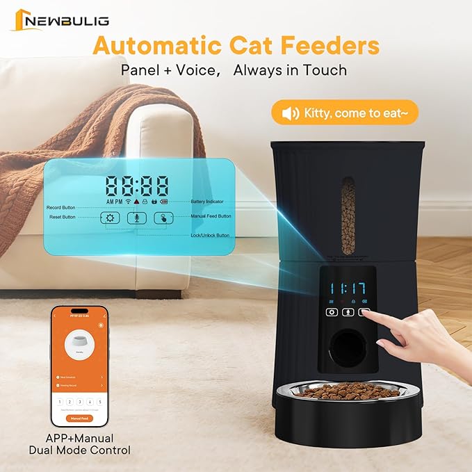 NEWBULIG 4L Automatic Cat Feeder with APP, Timed Pet Feeders for Dry Food with Portion Control, 1-10 Meals Per Day, Dog Food Dispenser with 10s Voice Recorder, Dual Power Supply, Desiccant Bag(Black)