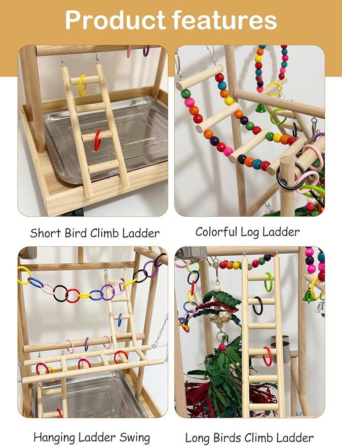 4-Tier Large Wooden Bird Playground with Trays Cups Ladder - Parrot Playstand, Birds Play Stand, Wood Perch Gym for Parrots Cockatiels - Durable Multi-Level Bird Activity Center