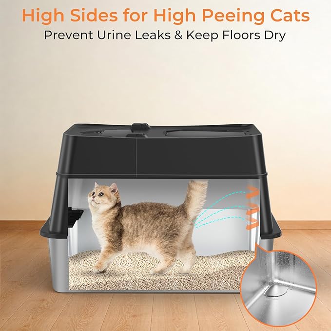 URPOWER Stainless Steel Cat Litter Box with Flip-Top Lid Extra Large Enclosed Litter Box Non-Sticky Metal Pan with High Sided & Scoop, Odor Free, Front & Top Entry, Anti-Leakage, Easy Cleaning