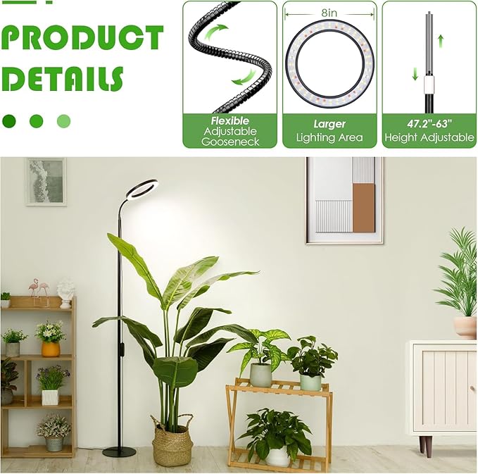 LBW Grow Light with Stand for Indoor Plants, 8" Halo Full Spectrum Grow Light, 68" Height Adjustable Plant Light, Auto Cycle Timer (6/8/12/16H), 5-Level Dimmable, 3 Lighting Modes