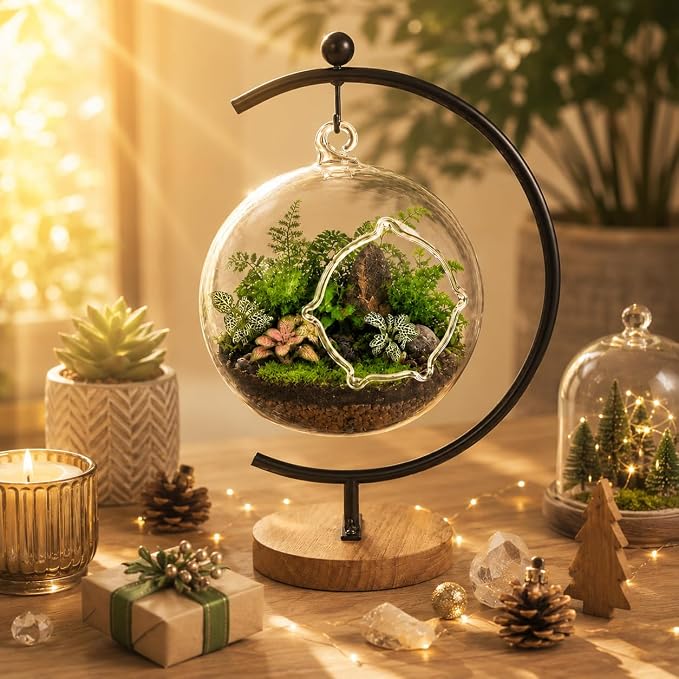 Terrarium Globe Kit, 4.7" Hanging Terrarium for Plants | Small Floating Garden with Wooden Display Stand for Succulents, Indoor Nature Decor, Easy Assembly, Gift for Plant Lover