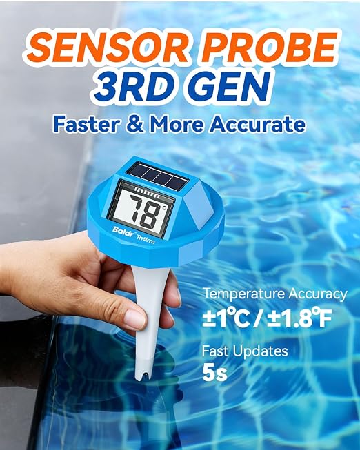BALDR Solar Pool Thermometer Floating, Dual LCD, IPX8, Anti-Fogging | Digital Water Thermometer Wireless for Pool/Hot Tubs/Spas/Ice Baths/Aquariums