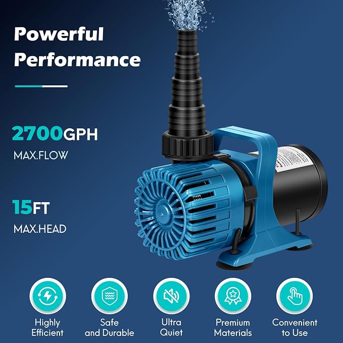 TONGCHANT 2700 GPH Pond Pump for Fish Pond Fountain & Waterfall, 15FT Lift | 120W Submersible Water Pump with 180° Rotatable Nozzle, Filter Bag & 20FT Cord, Ultra-Quiet Operation, UL listed