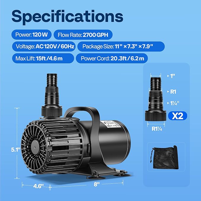 VIVOHOME Electric 120W 2700GPH Submersible Water Pump for Koi Pond Pool Waterfall Fountains Fish Tank and Aquarium