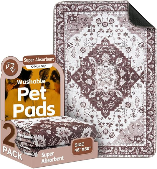 Washable Pee Pads for Dogs, 2 Pack Reusable Puppy Training Pads 60"x48" Super Absorbent Waterproof Dog Training Pads, Non-Slip Potty Pads, Whelping Pads Litter Mat Light Brown Medallion