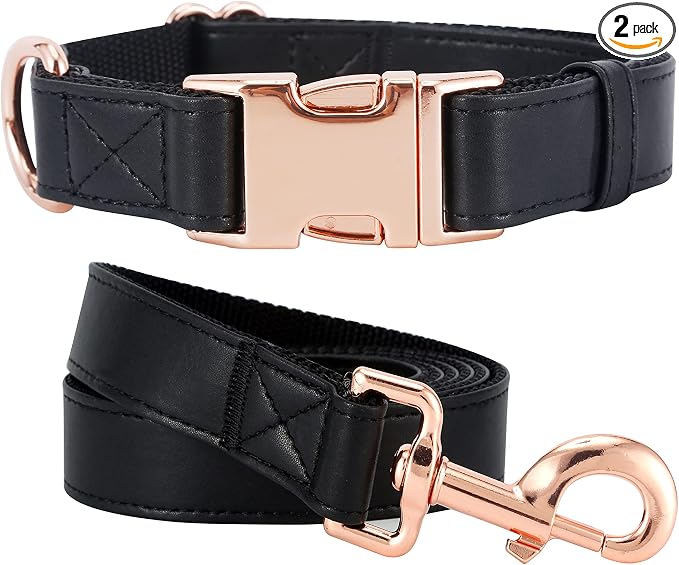 Dog Collar and Leash Set.Soft and Easy to Clean Vegan Leather with Rose Gold Metal Buckle for Small Medium Large Dogs (Black, S(12.2"-16.9"))