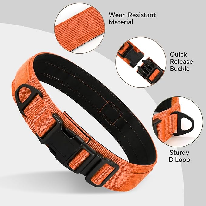 Tactical Durable Dog Collar, Metal D-Ring, Adjustable Heavy Duty Dog Collar with Heavy Quick-Release Buckle for Medium Large Dogs (Orange, M)
