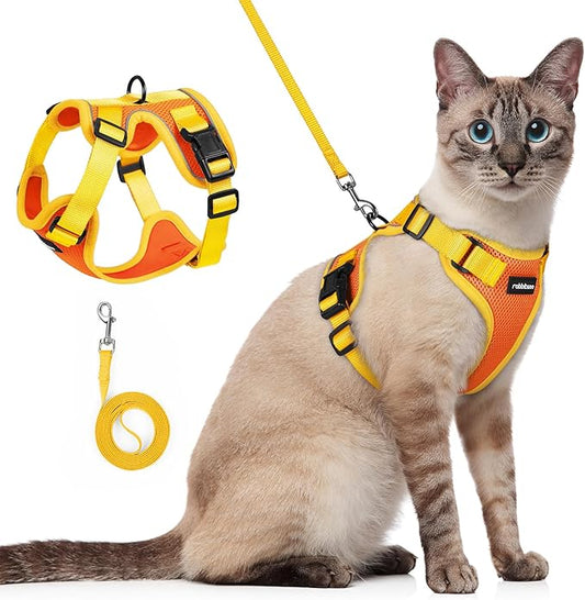 rabbitgoo Cat Harness and Leash Set, Escape Proof Soft Adjustable Vest Harnesses for Outdoor Walking, Easy Control Breathable Kitten Jacket with Reflective Strips, Orange & Yellow, S