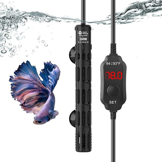 AquaMiracle Submersible Aquarium Heaters, 300W Fish Tank Heater with LED Digital Temp Display, Dry-Run Auto Power-Off & Overheat Protection, for Freshwater and Saltwater Tanks (40-75 Gal)