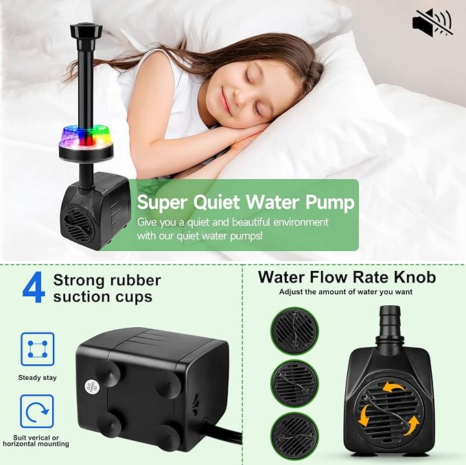 15W 800L/H Submersible Fountain Pump with LED Lights, Adjustable Quiet Water Pump, Pond Fountain Pumps for Water Feature, Garden, Aquarium Fish Tank, Indoor Outdoor Fountain with 3 Type Nozzles