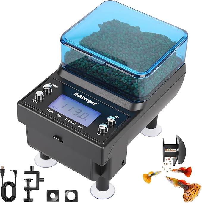 fishkeeper Automatic Fish Feeder Rechargeable, 3 Feeding Modes USB Aquarium Auto Dispenser for Pellets Flakes Powder, with Lithium Battery LCD Screen for Vacation Betta Turtle - Memory Function