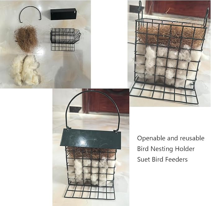 Bird Nesting Holder with Alpaca Fiber Birds Nesting Material Suet Bird Feeders for Outdoors Refillable Hummingbird Nesting Gifts Outdoor Bird Nesting Station to Build a Nest (Black)