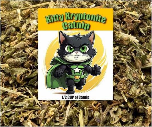Kitty Kryptonite Catnip Blend - North American Crafted, 100% Natural, and Non-Addictive Catnip Treats for Enhanced Playfulness. Perfect for Cat Accessories (1/2 Cup)