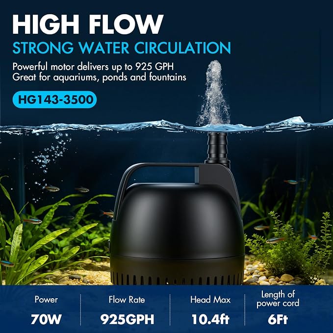 hygger 925GPH Submersible Pump Aquarium, Fish Tank Water Pump Adjustable Flow with 2 Nozzles, 10.4 ft High Lift Quiet Fountain Pump for Aquarium, Pond, Hydroponics, Water Garden