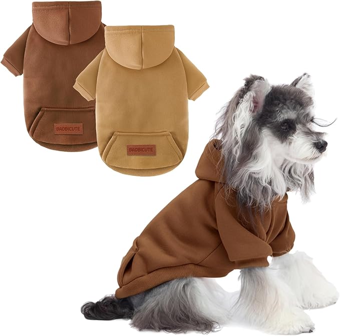 2 Pack Dog Hoodie Warm Hood Dog Sweater Cold Weather Small Dogs Sweatshirt Comfort Pet Clothes for Small Medium Dogs with Pockets (Coffee+Khaki, S (Back: 9.45",Chest: 14.9", 3.5-5.8lbs))