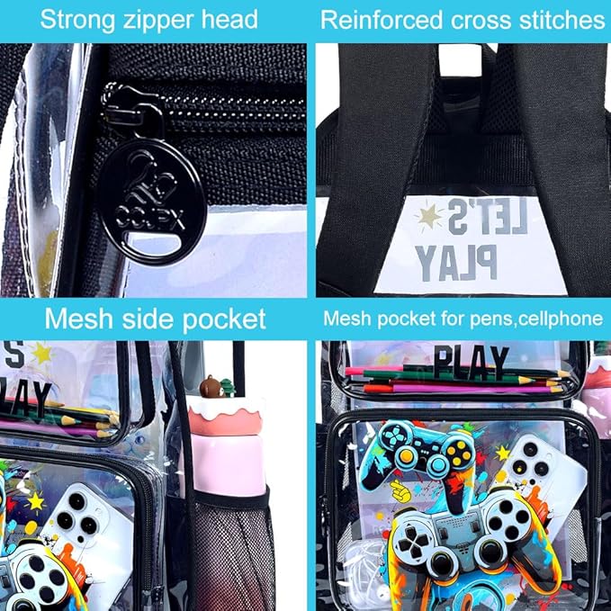 KLFVB 3PCS Clear Backpack for Girls and Boys, Kids See Through Backpacks Stadium Approved, Transparent Bookbag for Elementary