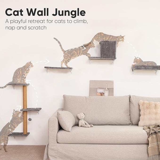FUKUMARU Cat Wall Shelves, Stable & Safe 4 in 1 Cat Walls Furniture Set, Wooden Kitten Climbing Wall with Scratching Post for 16 Inch Drywall - Beige