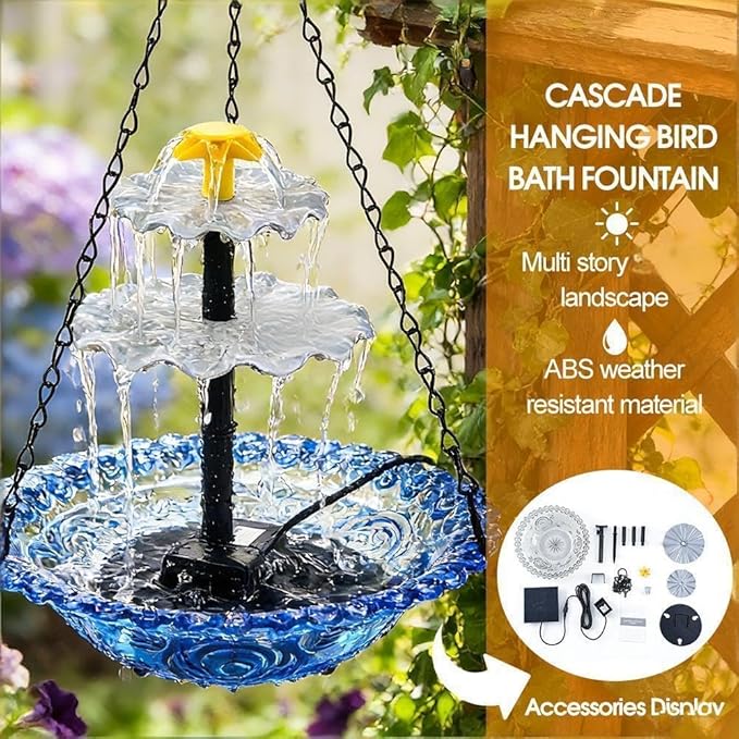 Solar Fountain for Bird Bath，Solar Cascade Hanging Bird Bath Fountain，Large Humming Birds Baths Fountains, with Solars Pump & Glass Bowl, for Outdoor, Gardens (Pink)