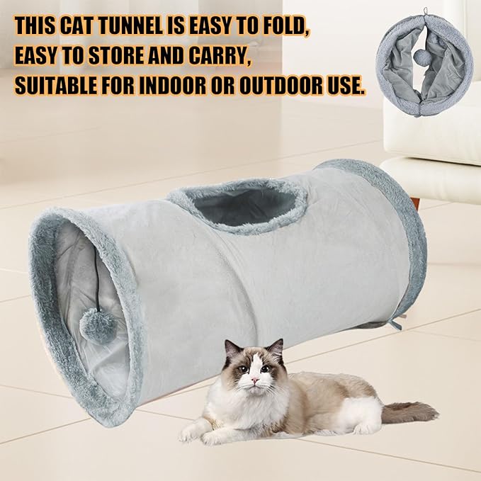 Cat Tunnel,Indoor Cat Play Tube Toys with Play Ball,Durable Collapsible Rabbit Hideaway Tunnel for Kitten,Bunny, Guinea Pig, Rat, Hamster, Ferret, Chinchilla (Grey)