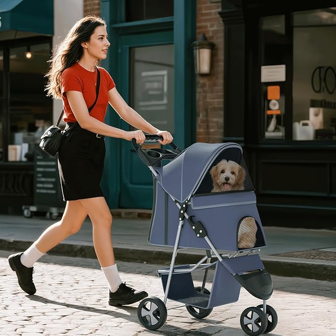 Pet Stroller for Small Dogs 10 lbs, Dog Stroller for Medium Dogs 30 lbs, Cat Strollers for 2 Cats, 3 Wheels Foldable Jogger Puppy Stroller with Storage Basket and Cup Holder, Navy Blue
