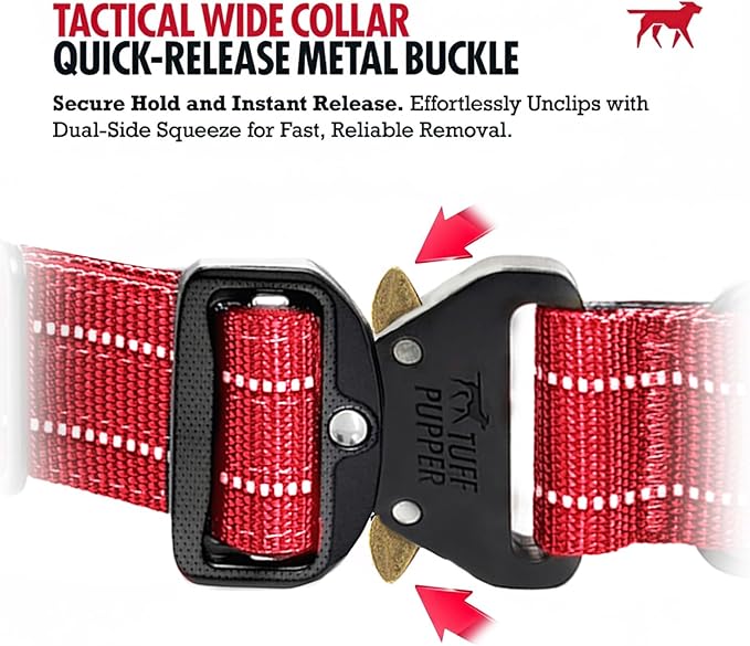 Tuff Pupper Tactical Dog Collar | Heavy Duty 1.5" Wide Ballistic Nylon | Training Control Handle | Quick-Release Metal Buckle | Reflective Bands | ID Tag Holder | Padded Inner Lining (Red, Medium)