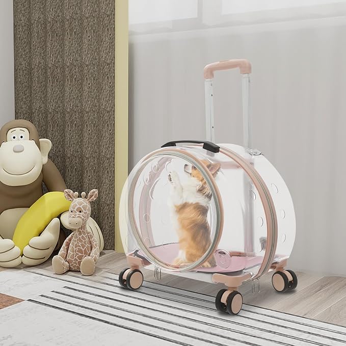 Cat Carrier with Wheels, Breathable Cat Rolling Carrier with Telescopic Handle, Bubble Cat Backpack Carrier, Clear Pet Travel Bag for Small Dogs Pets, up to 19lbs, 15.7" x 10.6" x 17.7" (Pink)