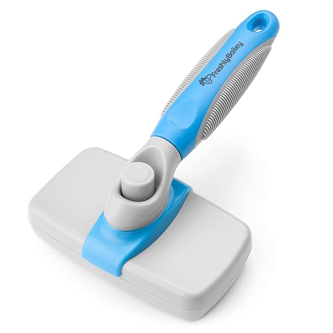 Freshly Bailey Self Cleaning Slicker Brush for Dogs and Cats - Hair Brush for Medium to Long-haired Pets - Effective, Comfortable, and Easy to Clean - White and Blue