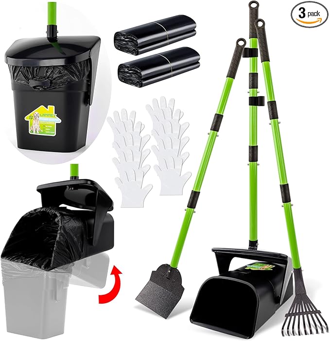 LANNEY Pooper Scooper - 38" Long Adjustable Metal Handle Dog Pooper Scooper Swivel Bin & Rake & Spade with 50 Bags Attachment, Portable Heavy Duty Dog Poop Scooper for Yard Dogs Large Medium Small