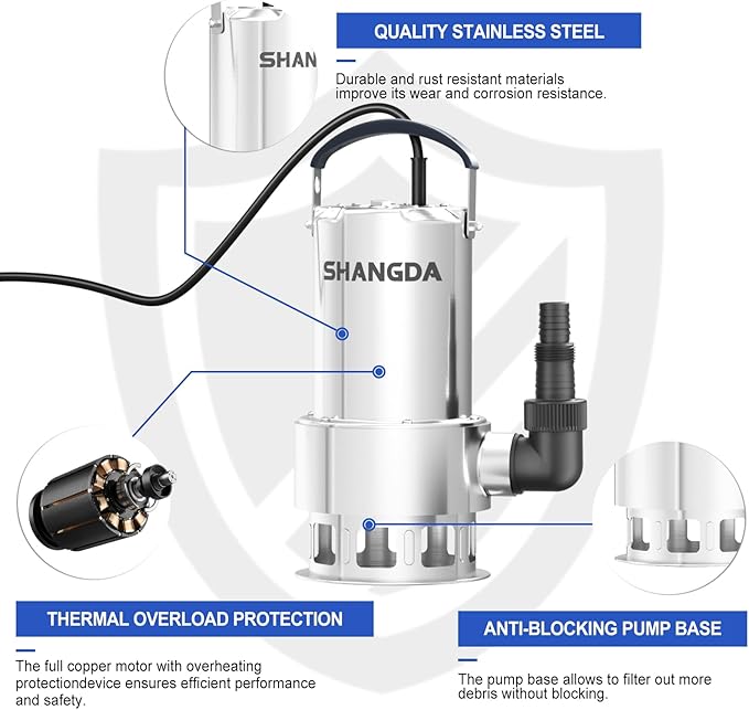 Sump Pump 1HP Submersible Water Pump 4500GPH Stainless Steel Electric Clean/Dirty Water Draining Transfer Pumps with Adapters for Pool Hot Tub Pond