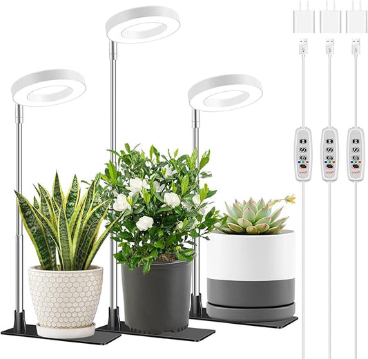 Aokrean Grow Light, Full Spectrum Plant Lights for Indoor Growing with with 3/9/12H Timer, 3 Color Modes, 10 Brightness, 6.5"-26" Height Adjustable Halo Grow Light with Base, 3 Pack(3.4in)
