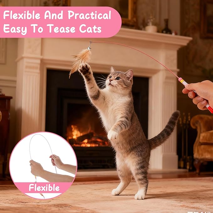 4 Pcs Cat Feather Toys, Cat Feather Wand Toy with Bell Beads Interactive Cats Toys Wand Teaser Wire Wands for Cats Chase Exercise Play