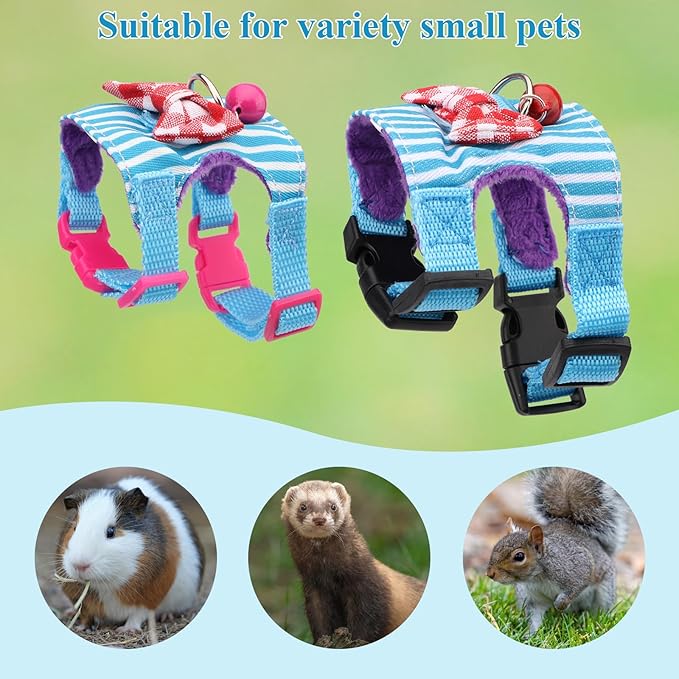 Hypeety Small Animal Harness Vest and Leash Set Soft Mesh Small Pet Harness Hamster Rabbit Chest Back Outdoor Leash Traction Rope for Rabbit Ferret Guinea Pig Kitten Clothes Accessory (S, Blue Stripe)