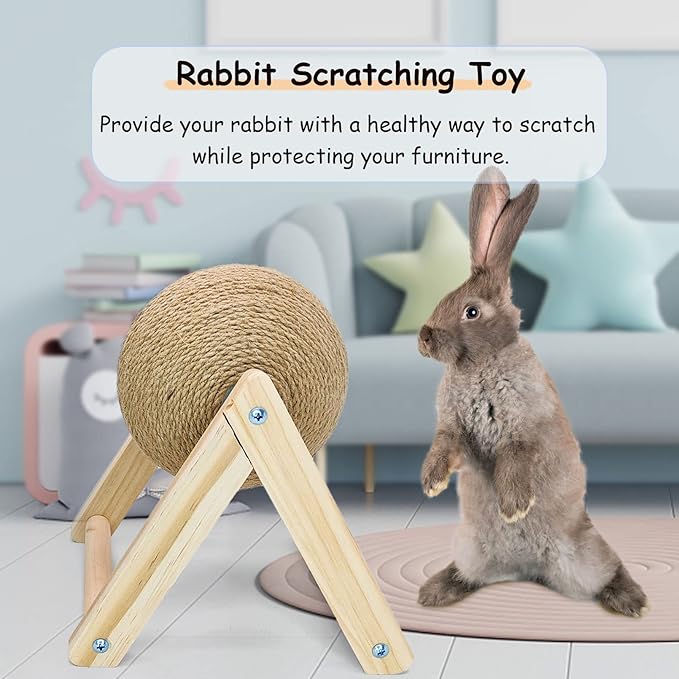 BNOSDM Rabbit Scratch Toy Wooden Natural Sisal Rope Rabbit Scratching Toy Ball Bunny Scratcher with Ball for Rabbits Bunnies Ferrets Kittens Small Animals (Small)