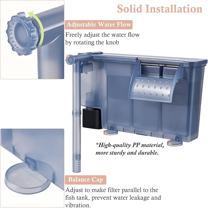 Silent Aquarium Hang-on Filter, 7W 177GPH Fish Tank Filter with Filter Media, Adjustable Fish Waterfall Filter for 15-40 Gallon Tank
