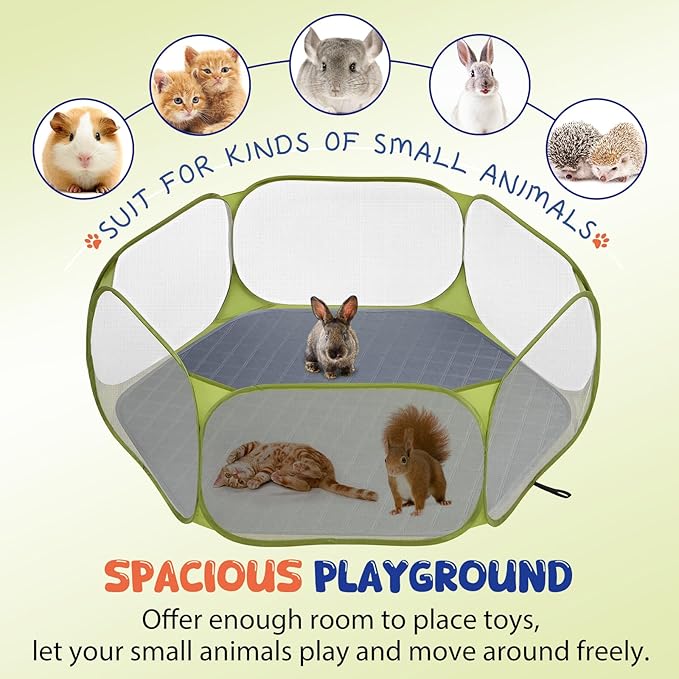 Pawaboo Small Animals Playpen with Pad, Waterproof Small Pet Cage Tent with Reusable Pad, Portable Outdoor Yard Fence for Chick/Kitten/Puppy/Guinea Pig/Rabbits/Chinchillas, Green + Grey