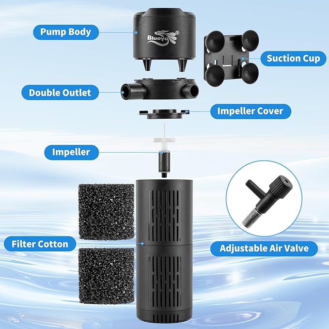 Aquarium Filter, Fish Tank Filter 4-in-1 for 10-30 Gallon Tanks, Submersible Internal Filter with Wave-Maker, Oxygenation & Adjustable Air Flow for Freshwater/Saltwater/Turtle Tanks (8W)