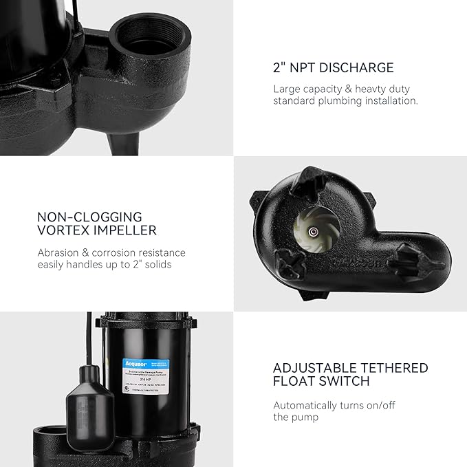 Acquaer Sewage Pump, Cast Iron, Automatic Tethered Float Switch, Sewage Effluent Pump for Sump Basin, Basement, Residential Sewage, 2'' NPT Discharge, Dark