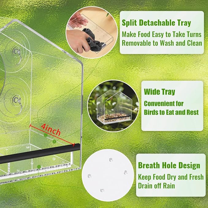 Window Bird Feeder with Strong Suction Cups - Clear Bird Feeders Window for Outdoor Viewing, Removable Tray for Easy Cleaning and refilling, for Grandma and Mom