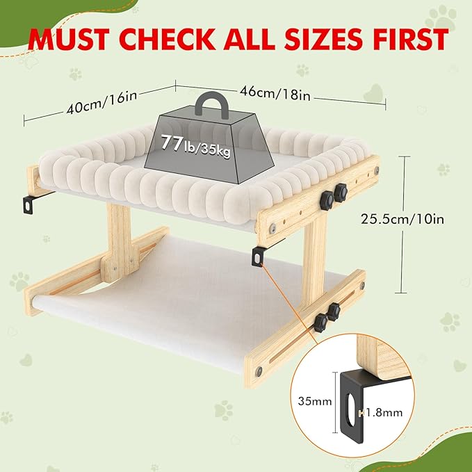Cat Perch for Window XiaZ Cats Hammock Indoor Cat Bed for Window Adjustable Wooden Frame W/Soft Warm Plush-Lined Cushion Perfect for Bird Watching Sunbathing Space-Saving Easy Install Double Layer