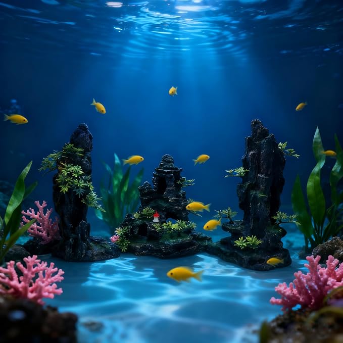 Large Aquarium Decoration Resin Fake Rock Mountain Ornament Landscape Castle Decoration Fighting Fish Reptiles Turtles Hiding Cave Fish Tank Ornaments Accessories - Height 10.7 inches (Green)