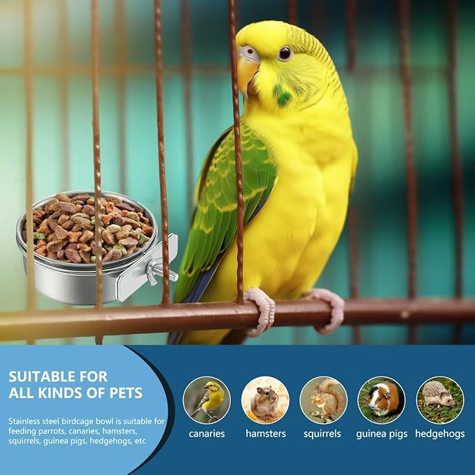 2Pcs Stainless Steel Bird Feeding Bowls, Small Bird Feeding Cup, Stainless Steel Parrot Food Bowl Cage with Holder, Parrot Cage Water Feeder, Pet Cage Cup Holder (Dia 6.3", 4.72",)